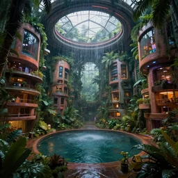 cyberpunk futuristic greenhouse apartments in a tropical forest setting. vivid colors mixes with dusty moody lighting. heavy rain is falling through a central opening in the roof, into a dimly lit pool of water in the centre of the room. architectural concepts inspired by dune 2 0 4 9, 8 k, photorealism, hdr, ultra sharp, environmental render, concept