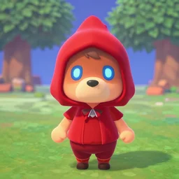 A wizard wearing a red hood with glowing blue eyes in Animal Crossing