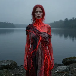 portrait, shore of the lake, woman, wrapped around by veins, various clothes, glowing red, by edgar maxence and ross tran, zdzisław beksinski, and michael whelan, distant, gustav dore, h. r. giger, 8 k, octane render