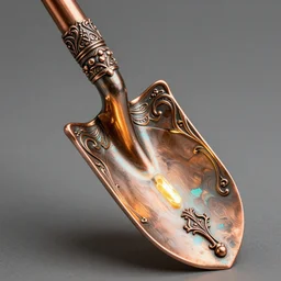 shovel tool by sculptor robin wight warm glow, metallic colors, glass, oxidized copper led light, highly detailed and intricate, hdr, hyper detailed, ornate, elegant, luxury, focus, artstation, wlop, micro details, 3 d sculpture, structure, ray