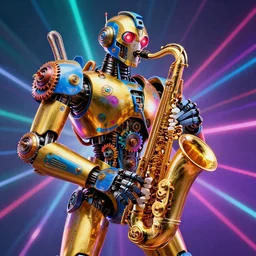 portrait photo of a giant huge golden and blue metal humanoid steampunk robot saxophone player with multicolored big gears and tubes, a golden saxophone, eyes are glowing red lightbulbs, shiny crisp finish, 3 d render, 8 k, insaneley detailed, fluorescent colors, background is multicolored lasershow