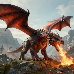 dragons, realistic, fire spitting, mountains, landscape, unreal engine, hyper realistic, octane render, unreal engine
