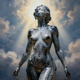 female body melting liquid acrylic painting abstract in glass and black latex fluid, hypperrealistic 3 d sculpture, bokeh, long exposure, close up portrait, epic light, clouds, god rays, heaven, art noveau, artistic sketch, voronoi pattern, film still, body paint