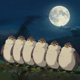 a row of fat bearded reedlings, midnight, moonlight, full moon, highly detailed, intricate, hyper realistic, studio ghibli
