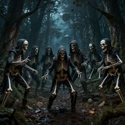 a lot of dangerous skeletons wearing hoodies fighting in a forest at night, dnd, dramatic, fantasy art