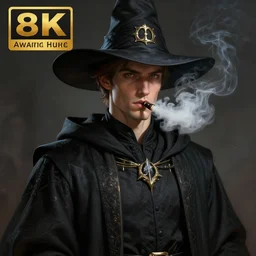 an anthropomorphic beautiful male scientist portrait smoking vape wearing black hoodie robe, wizard hat, fine art, award winning, intricate, elegant, sharp focus, octane render, hyperrealistic, wizard hat cinematic lighting, highly detailed, digital painting, 8 k concept art, art by jamie hewlett and z. w. gu, masterpiece, trending on artstation, 8 k