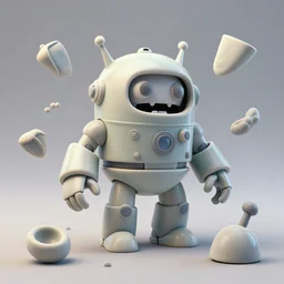 crazy ceramic miniature toy Figure Robot scientist monster 8K, zbrush, c4d, in a Studio hollow, surrounded by flying parts, from avengers