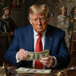 donald trump counting money, a medieval painting, ultra - detailed, 8 k