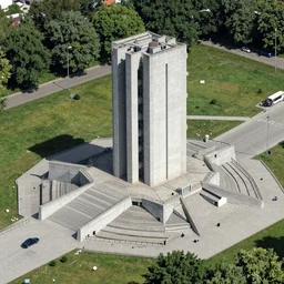 aerial view of brutalist monument ( ( ( ( park ) ) ) ) spomenik, ( ( railings ) ), photo, 4 k