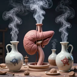 an alchemical laborator made from ceramic alembics distilling voices, vapour, air flow, clay, no humans, alchemical drawing, steam, larynx, oesophagus texture, 8 k, unreal, high resolution, vivid colours,