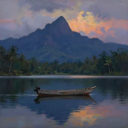 oil painting of tropical lake with small fishing boat, dusk, reflections, tall mountains and clouds, moody, colorful, cinematic light