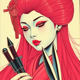 a close - up grainy, risograph drawing, hyper light drigter, neon colors, a big porcelain glossy geisha head, with long hair, floating above the sharp peaks weapons, style by moebius and kim jung gi