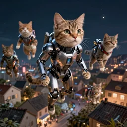 hyperrealistic cyborg cats descending on a small town at night cinematic lighting james paick maciej kuciara 8k wide angle