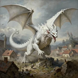 an evil white dragon attacking a village, by Ciruelo Cabral, detailed, realistic, masterpiece