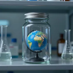 a laboratory, jar on a shelf, inside the jar is a tiny!!!!!!!!!! globe, digital art, artstation
