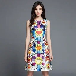 A portrait of a woman with a dress designed by Takashi Murakami, fashion art by beeple