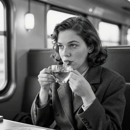 a young woman on a passenger train drinking tea and eating candy, old black and white photo, hyper detailed