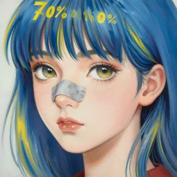 prompt : girl, hair ( blue 7 0 % yellow 3 0 % ), nose ( gray band aid ), soft light painted by james jean and katsuhiro otomo and erik jones, inspired by akira anime, smooth face feature, intricate oil painting, high detail illustration, sharp high detail, manga and anime 1 9 9 9