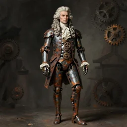 rusted clockwork cyborg vampire french aristocrat, powdered wig, gears, prosthetics, portrait, full body