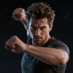 a dramatic pose of a man, closeup, in action, motion blur, space scene background, photo realistic, hyper detailed, trending on artstation, unreal engine 5, octane render, by martin schoeller