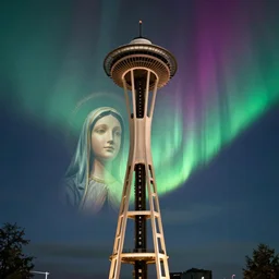 gigantic virgin mary face blending into intense vivid aurora above space needle centered big sky film long exposure fuji wide angle national geographic