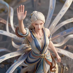 a photorealistic elaborate and detailed woman waving ribbons, smooth patterns, accents, 3 d, full details, realistic, artstation, futuristic, aerial view, macro shot, closeup detail, right angles, perfectly symmetric, octane render in maya and houdini, vray, ultra high detail ultra realism, unreal engine