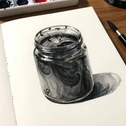 sketch of jar of swirling ink on a desk, dramatic afternoon lighting, intense watercolor, heavy metal, by moebius