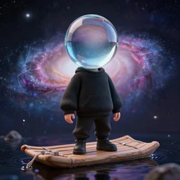A figure with a glass ball instead of a head, wearing a black sweatshirt, standing on a raft in the galaxy, digital art, trending on artstation, detalied, HD,