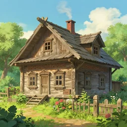 Beautiful detailed high quality illustration of a very old Slavic house, beautiful garden on background, a lot of Slavic carvings and letters and decor elements, smoke from the chimney::vibrant summer, romantic mood, morning sunlight::art by Ghibli Studio, League of Legends, Arcane, Wild Rift, trending on artstation::8K, 4K