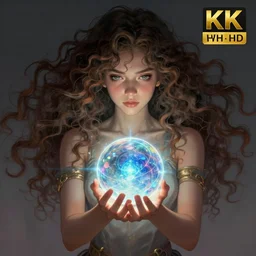 anime girl with curly hair holding a magical orb, WLOP, concept art, digital painting, trending on artstation, highly detailed, epic composition, 8k UHD