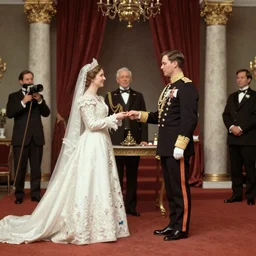 a wide full shot, colored russian and japanese mix historical fantasy of a photograph taken of the royal empress and emperor exchanging vows, photographic portrait, warm lighting, 1 9 0 7 photo from the official wedding photographer for the royal wedding.