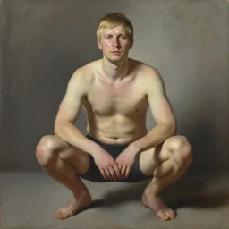 portrait of a blonde man in slavic squat. painting by alex grey