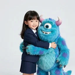 5 - year - old chinese girl dressed in a suit hugging a monster, portrait shot in studio lights, 4 k