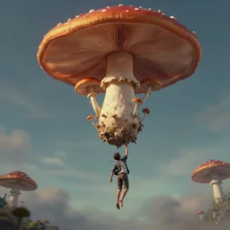 a matte painting of a human descending from sky with magic mushrooms, in style of Dalli, by Android Jones, octane renderer, unreal engine, hyper detail