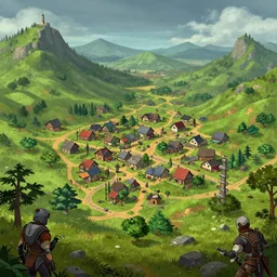 view from a hill overlooking a very small rural town, from a space themed point and click 2 d graphic adventure game, detailed, set design inspired slightly by hg giger and tomb raider, art inspired by thomas kinkade