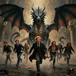 people running terrified of the love dragon, high detail, 8k, ornate, dark fantasy, realistic, masterpiece, complex, WLOP, film still from the movie directed by Denis Villeneuve with art direction by Pablo Picasso and Greg rutkowski, centered