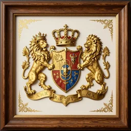 a legend illustration coat of arms, wood frame engraving with elegant details, golden border detail ornaments art by fantasy and hearthstone style, centered, facing shot, crowns, lions!! and royal shields, symmetry!!!!!, elegant, masterpiece