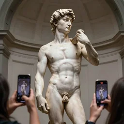 the statue david from michelangelo waving one arm, surrounded by people tourists with smartphones