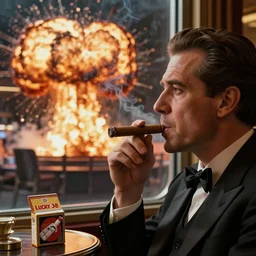 Mr. House, realistic, highly detailed face, looks at the big explosion ,nuclear fungus,explosion, from the window of the Lucky 38 Casino, man smokes a cigar, ! holding in his Hand !, arm,cigarette advertising, hyperdetailed, artstation trending, ultra HD, artstation, photorealism, ultrarealistic, retro, 45mm, elegant,