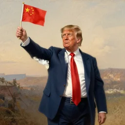 Donald Trump waving a small china flag, 1800s painting