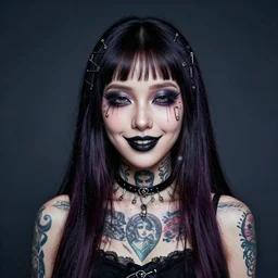 cyber gothic version of pippi longstocking, smiling face, tattooed skin, color restoration, safety pins,