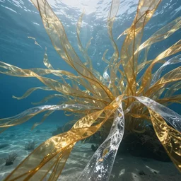 millions of thin ribbons of translucent gold and silver fabric in a vast underwater landscape are branching and twisting in a swift underwater current, blue water, sandy seafloor, caustics lighting from above, highly detailed, fantasy, unreal engine