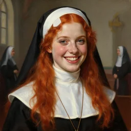 daily life portrait of a beaming young provocative redhead nun inside a convent. highly detailed painting. art by artgerm and greg rutkowski