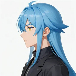 side profile of rimuru tempest with sky blue hair, long hair, blue eyebrows, blue eyelashes, gold eyes, high collar, black jacket | shiny, highly detailed, rain, professional digital painting, concept art, award - winning photography, cinematic, wlop | art by pixiv art, yoshitaka amano, deviantart