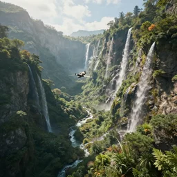 the simulation is set to fly through mountainous terrains filled with lush with flora and waterfalls, no gods no masters no labels, by antoine wiertz and noah bradley, visually stunning, cinematic, ultra realistic, hyper realism, 1 2 k, epic, octane render, unreal engine, vfx, maya