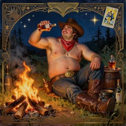 a dramatic, epic, ethereal painting of a !!handsome!! !!!extra thicc!!! mischievous shirtless cowboy with a big beer belly!! wearing a large belt and bandana offering a whiskey bottle | he is relaxing by a campfire | background is a late night with food and jugs of whisky | homoerotic | stars, tarot card, art deco, art nouveau, intricate | by Mark Maggiori (((and Alphonse Mucha))) | trending on artstation