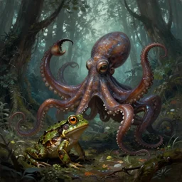 a kngith fighting cthulhu octopus frog, full body shot, highly detailed, forest, digital painting, concept art, sharp focus, illustration, masterpiece, matte painting, glorious, unsettling, by lovecraft and greg rutkowski, luis royo and wayne barlowe, artstation
