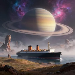 large ship comes in to land, alien landscape, sci - fi, huge saturn with rings in the background, vibrant nebula, strange rock formations, rolling hills, atmospheric, misty, artstation, deviantart, 8 k, ultra hd