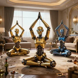 3 shiny golden and blue metallic steampunk humanoid robots making russian yoga in a messy luxury futuristic hotel room with empty bottles all over the floor, pressphoto, dawn light, insanely detailed, 3 5 mm lens, wide shot