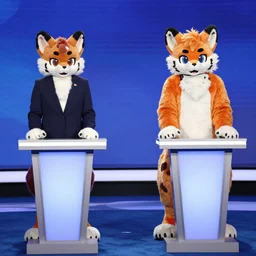 associated press photo of a presidental debate between two furry fursuiters on a debate stage,